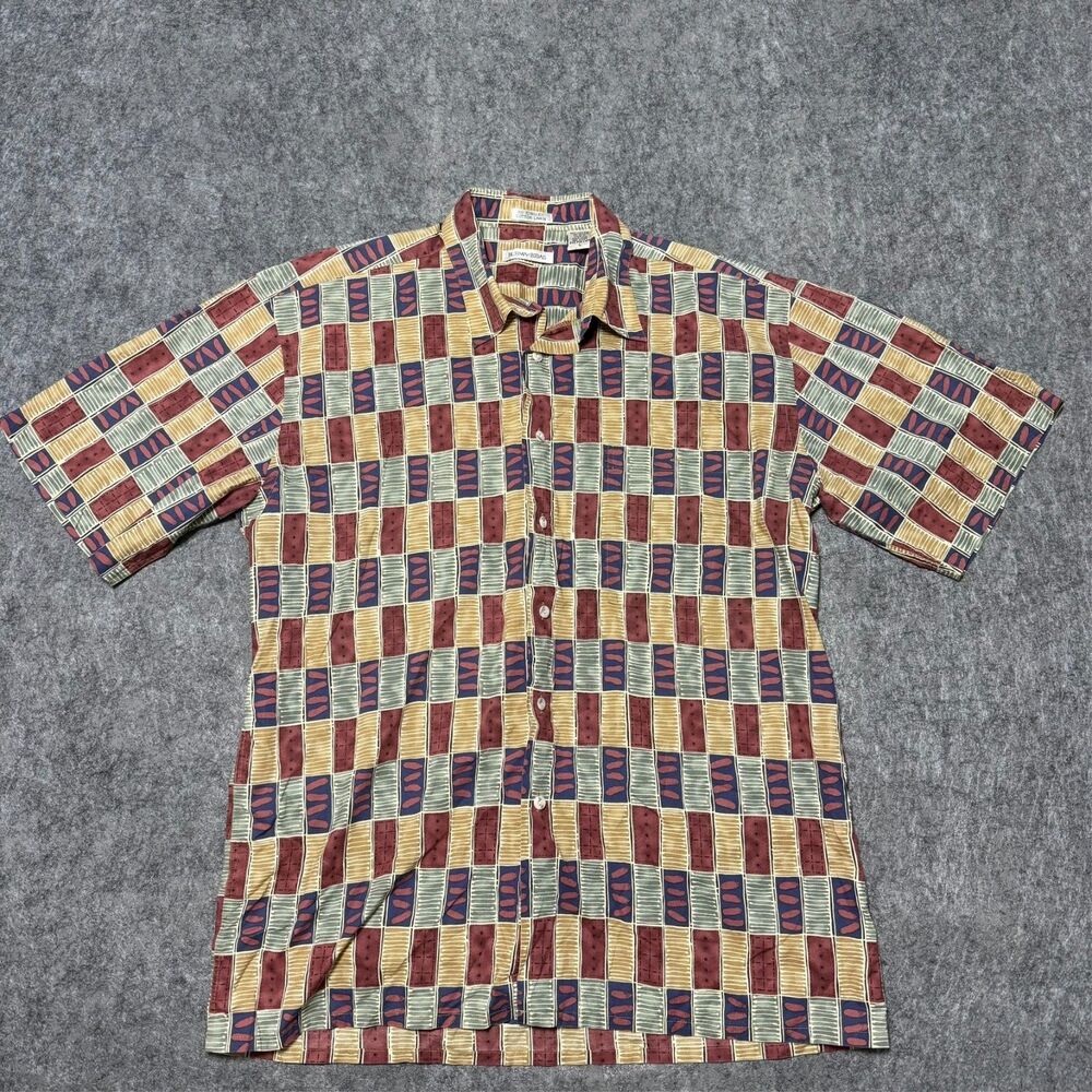 VTG Burma Bibas Cotton Lawn Shirt Large Abstract Geometric Party Short Sleeve